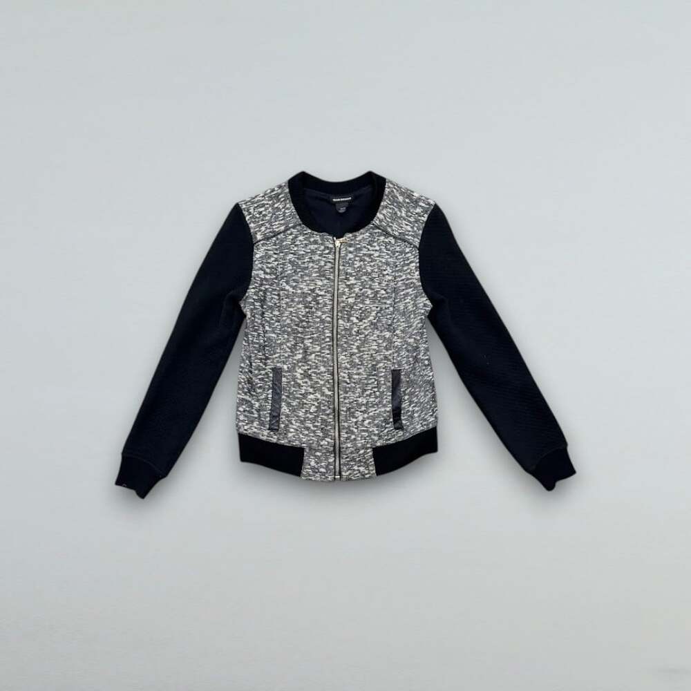 Black White Tweed Zip Front Bomber Jacket Faux Leather Trim Women’s XS